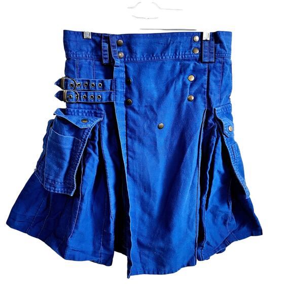Blue Kilt Skirt Wraparound Cargo Pockets Pleated - Picture 1 of 4